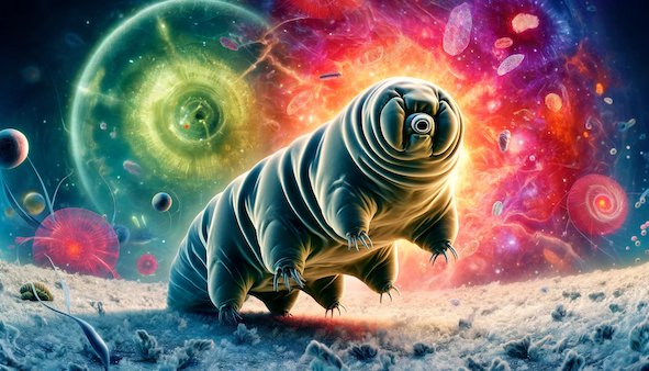 DALL·E 2024-04-19 10.54.38 - A detailed and vivid illustration of a tardigrade, also known as a water bear, in a fantastical microscopic environment. The image should show the tarのコピー