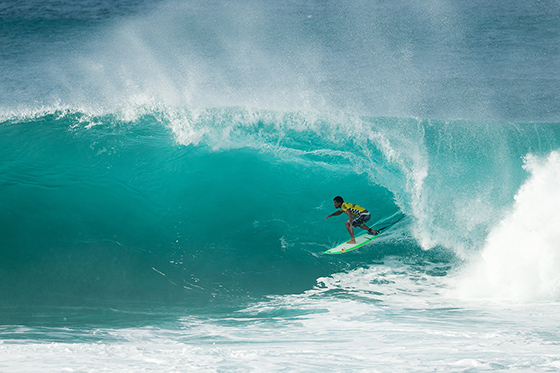 Michel Bourez (PYF) wins the Vans World Cup of Surfing, scoring a 9.93 in the final at Sunset Beach.
Image: ASP / Kelly Cestar