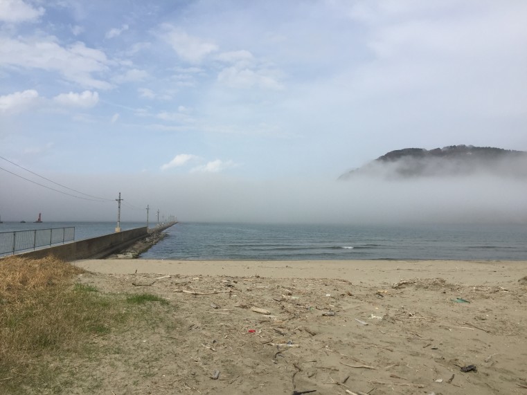 桟橋の先端が濃霧で見えないのですが、趣のある釣り場でした。