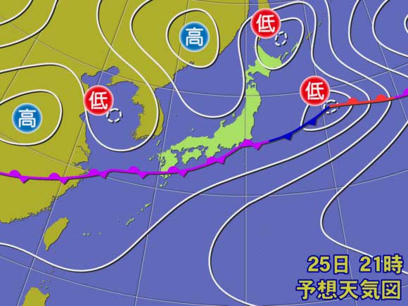 予想天気図6月25日午後9時(24日午後9時発表の24時間予報)