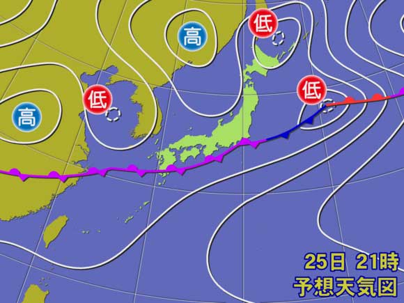 予想天気図6月25日午後9時(24日午後9時発表の24時間予報）