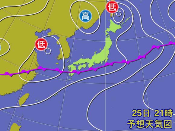 予想天気図6月25日午後9時(23日午後9時発表の48時間予報）