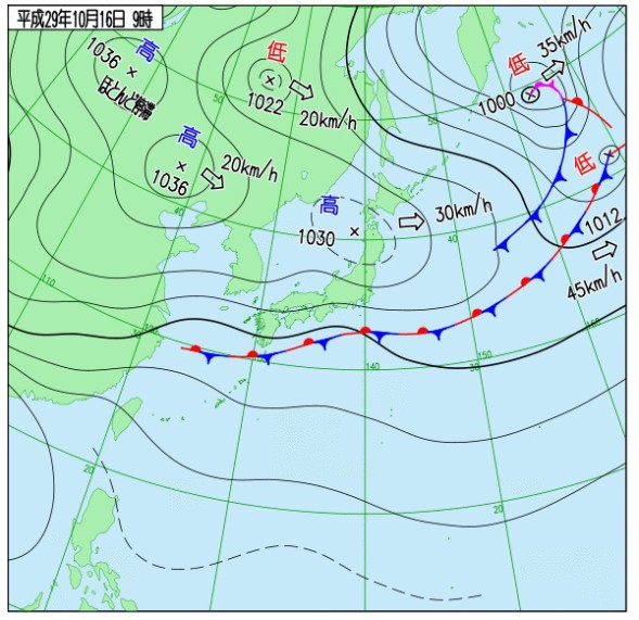 （実況天気図16日9時）