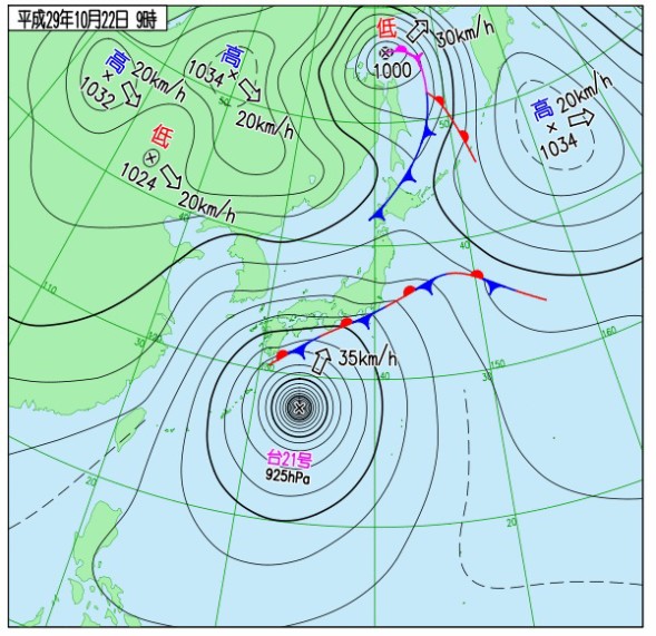 （実況天気図22日9時）