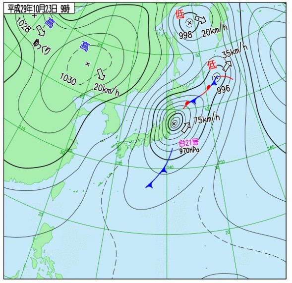 （実況天気図23日9時）