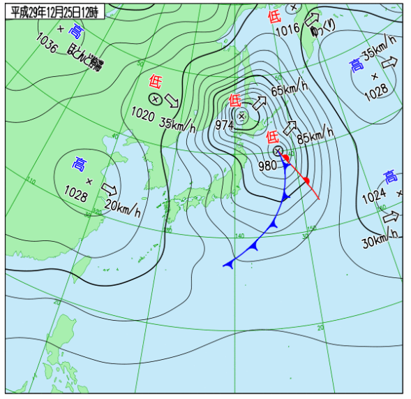 (25日12時、実況天気図、うねりピーク時)