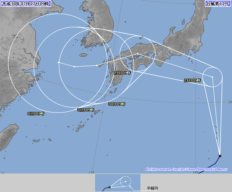 台風進路図（7月27日午前9時発表）最新の台風情報をご確認下さい。
