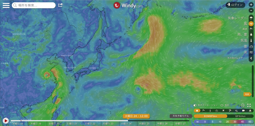 出典：Windy.com　ECMRF 7月24日正午の風予想