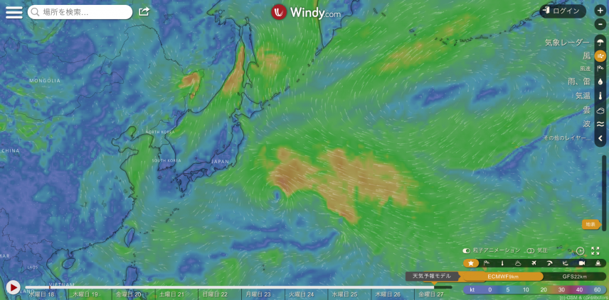 出典：Windy.com　ECMRF 7月27日正午の風予想