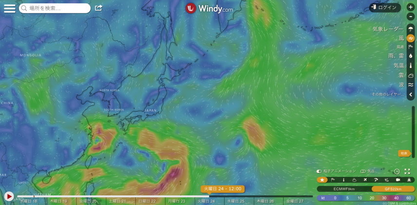 出典：Windy.com　GFS 7月24日正午の風予想