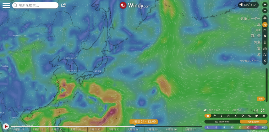 出典:Windy.com GFS 7月24日正午の風予想