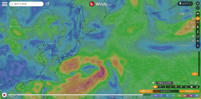 出典：Windy.com　GFS 7月27日正午の風予想