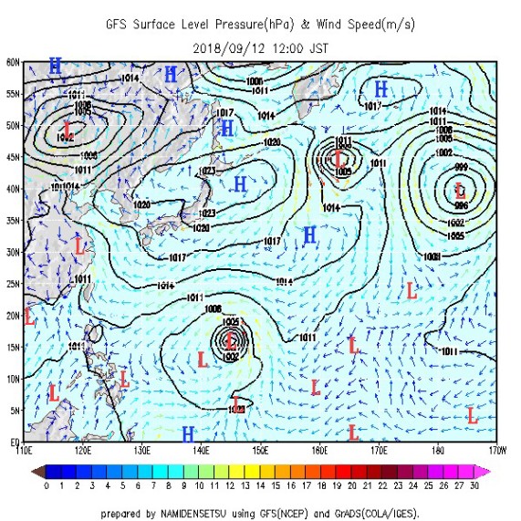 画像は9月4日に解析された9月12日(水)正午の予想天気図(非公開)です。※この通りの予想となる確率は、まだ小さいので、常に最新の予想で判断されてください。