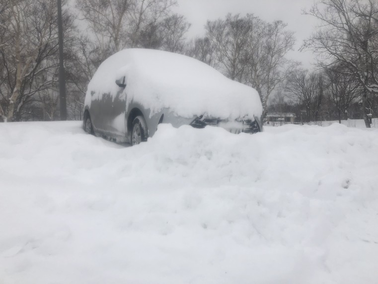 一晩の大雪で埋まってしまったレンタカー