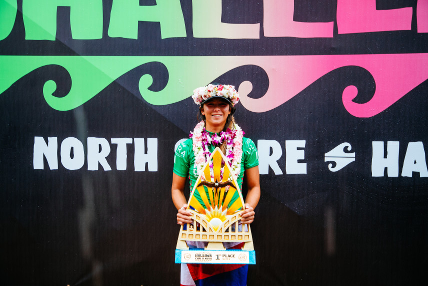 HALEIWA, HAWAII - DECEMBER 6: Bettylou Sakura Johnson of Hawaii wins the Final at the Michelob ULTRA Pure Gold Haleiwa Challenger on December 5, 2021 in Haleiwa, Hawaii. (Photo by Tony Heff/World Surf League)