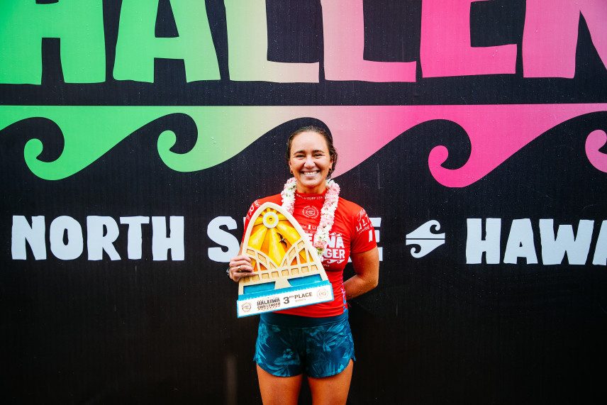 HALEIWA, HAWAII - DECEMBER 6: Five-time WSL Champion Carissa Moore of Hawaii after placing 3rd in the Final at the Michelob ULTRA Pure Gold Haleiwa Challenger on December 5, 2021 in Haleiwa, Hawaii. (Photo by Tony Heff/World Surf League)