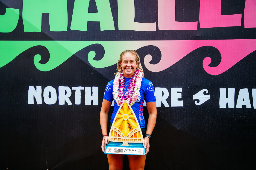 HALEIWA, HAWAII - DECEMBER 6: Gabriela Bryan of Hawaii after placing 4th in the Final at the Michelob ULTRA Pure Gold Haleiwa Challenger on December 5, 2021 in Haleiwa, Hawaii. (Photo by Tony Heff/World Surf League)