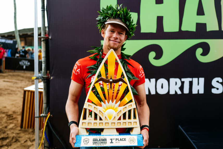 HALEIWA, HAWAII - DECEMBER 5: Two-time WSL Champion John John Florence of Hawaii after winning the Final at the Michelob ULTRA Pure Gold Haleiwa Challenger on December 5, 2021 in Haleiwa, Hawaii. (Photo by Brent Bielmann/World Surf League)