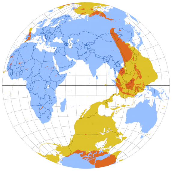世界地図（青）に対蹠地を示した地図（黄）を重ね合わせた地図 / Wikipedia:対蹠地より、CC BY-SA 2.5