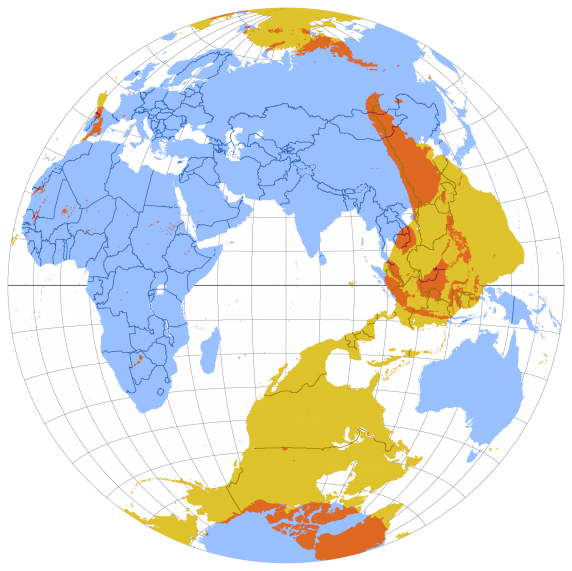 世界地図(青)に対蹠地を示した地図(黄)を重ね合わせた地図 / Wikipedia:対蹠地より、CC BY-SA 2.5