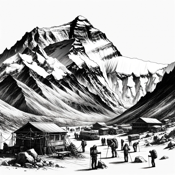 DALL·E 2023-10-26 12.48.57 - Black and white illustration inspired by the third image, capturing the grandeur of Mount Everest with a base camp in the foreground and climbers prep