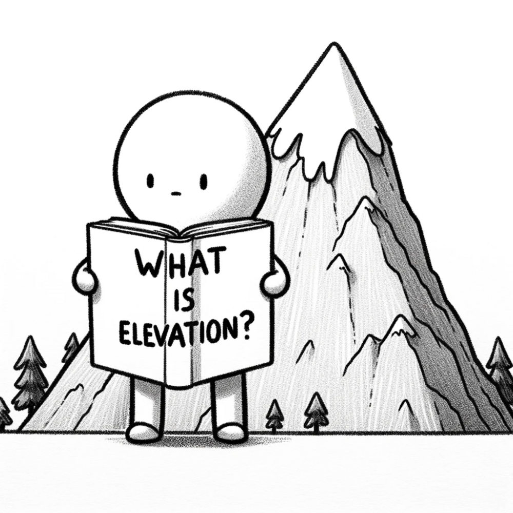 DALL·E 2023-10-26 11.25.19 - Drawing of a person standing next to a mountain, holding a book titled 'What is elevation_', showcasing their curiosity about the term