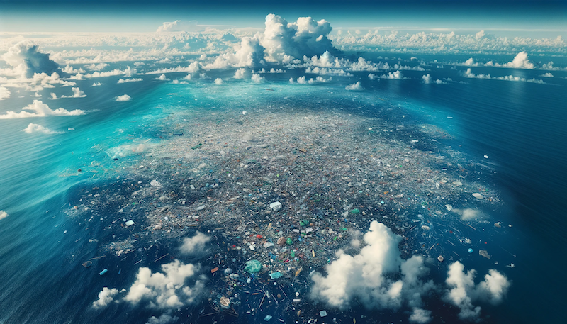 DALL·E 2023-12-22 17.35.56 - An aerial view of the Great Pacific Garbage Patch, depicting a vast expanse of ocean with a massive accumulation of plastic waste and debris floating