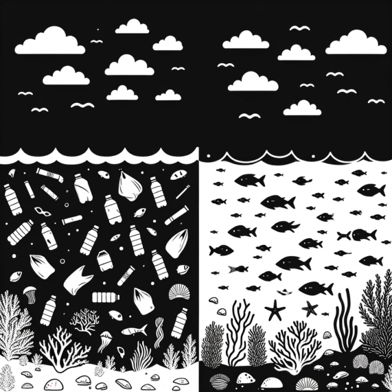 DALL·E 2023-12-04 17.46.30 - A simplified black and white illustration comparing two ocean scenes. On the left, an ocean polluted with plastic is depicted in a minimalist style. T