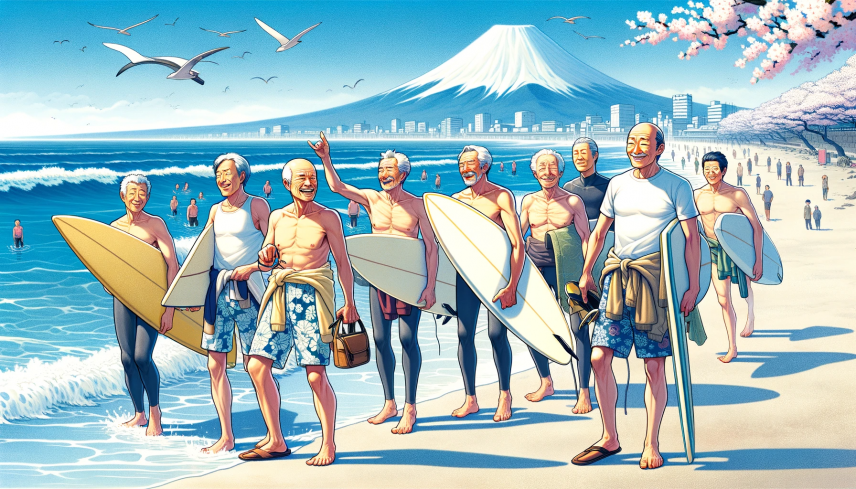 DALL·E 2024-01-22 14.54.33 - Create an illustration that evokes the notion of surfing as a hobby predominantly enjoyed by older men (_Ojisan_) in Japan. Depict a group of middle-a