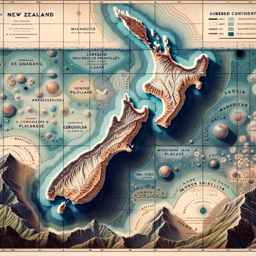 DALL·E 2024-02-07 15.56.10 - A detailed map showcasing New Zealand as part of the submerged continent of Zealandia, with the continental shelf highlighted in pale colors. The map