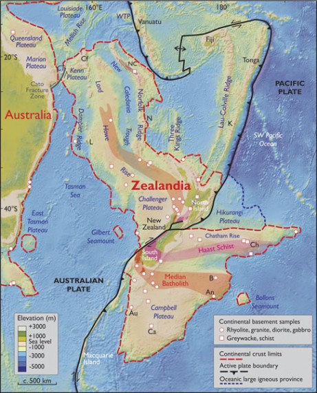 ジーランディアとオーストラリア近郊の標高図、N. モーティマー 他 / GSA Today