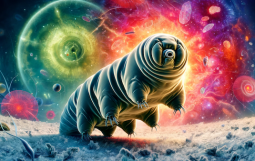DALL·E 2024-04-19 10.54.38 - A detailed and vivid illustration of a tardigrade, also known as a water bear, in a fantastical microscopic environment. The image should show the tarのコピー