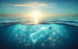DALL·E 2024-08-20 15.27.13 - A serene ocean with a plastic bottle partially submerged in water, surrounded by glowing microorganisms or small bioluminescent particles, symbolizingのコピー