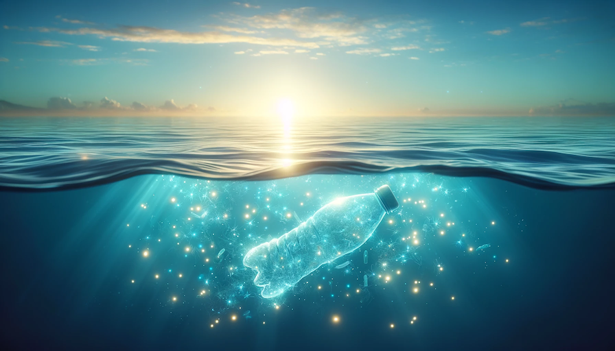 DALL·E 2024-08-20 15.27.13 - A serene ocean with a plastic bottle partially submerged in water, surrounded by glowing microorganisms or small bioluminescent particles, symbolizingのコピー