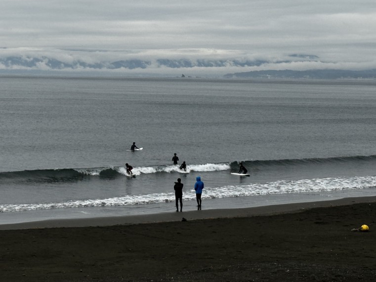 江の島にブロックされて、鎌倉エリアよりもかなり反応が鈍く、波数も少ない状態。 東〜南東系のうねりがメインに反応していると考えられる。