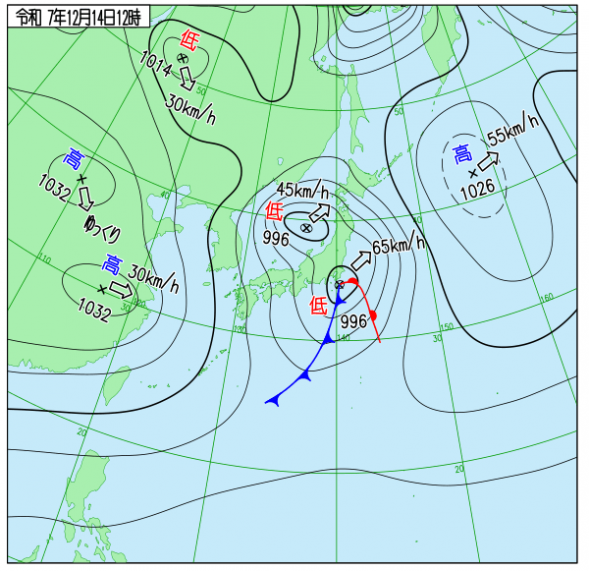 対馬海峡付近を通過した低気圧は日本海を北東進し、南西諸島付近から北東進した低気圧は日本の東海上を北上します。上空では強い寒気が南下し、次第に西高東低の冬型の気圧配置となります。(気象庁HPより)