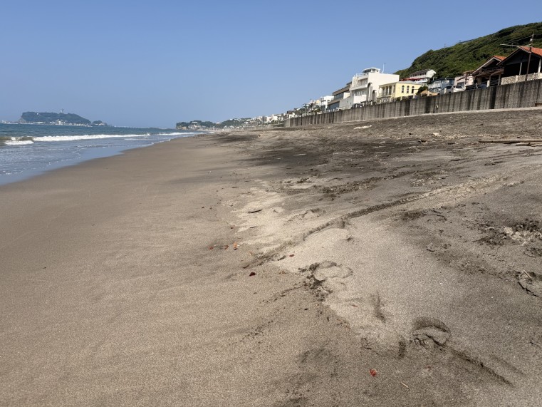 干潮時でも砂浜が狭くなった七里ガ浜海岸 (涙)