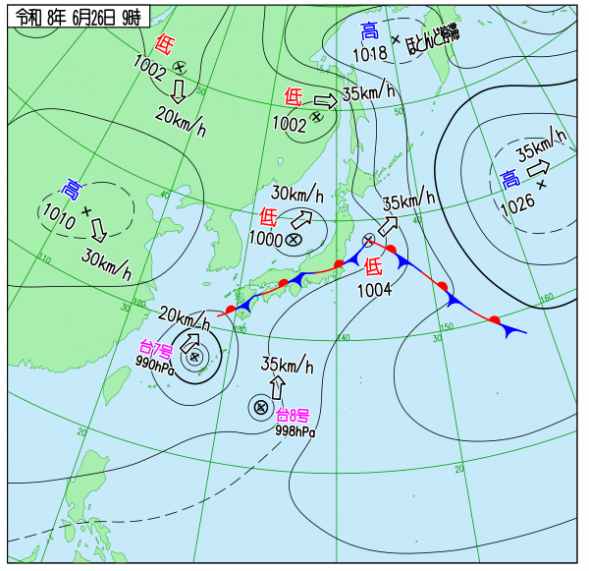 6月26日実況天気図(気象庁より)